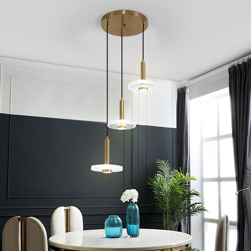 Flat Shade Hanging Light Fixture Simplicity Acrylic Gold LED Ceiling Lamp for Bedroom 3 Gold Clearhalo 'Ceiling Lights' 'Modern Pendants' 'Modern' 'Pendant Lights' 'Pendants' Lighting' 2461125