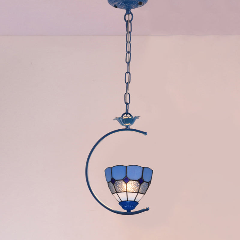 Blue Ring Pendulum Light Vintage 1 Head Tiffany Glass Pendant Ceiling Lamp for Bedroom Blue Semicircle Clearhalo 'Art Deco Pendants' 'Cast Iron' 'Ceiling Lights' 'Ceramic' 'Close To Ceiling Lights' 'Crystal' 'Industrial' 'Metal' 'Middle Century Pendants' 'Pendant Lights' 'Pendants' 'Tiffany close to ceiling' 'Tiffany Pendants' 'Tiffany' Lighting' 2461147