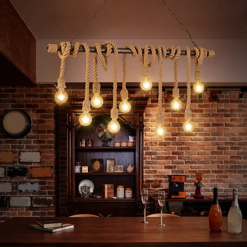 Exposed Bulb Pendant Lighting Farmhouse Wood Hemp Rope Island Light for Restaurant Clearhalo 'Ceiling Lights' 'Island Lights' Lighting' 2461280