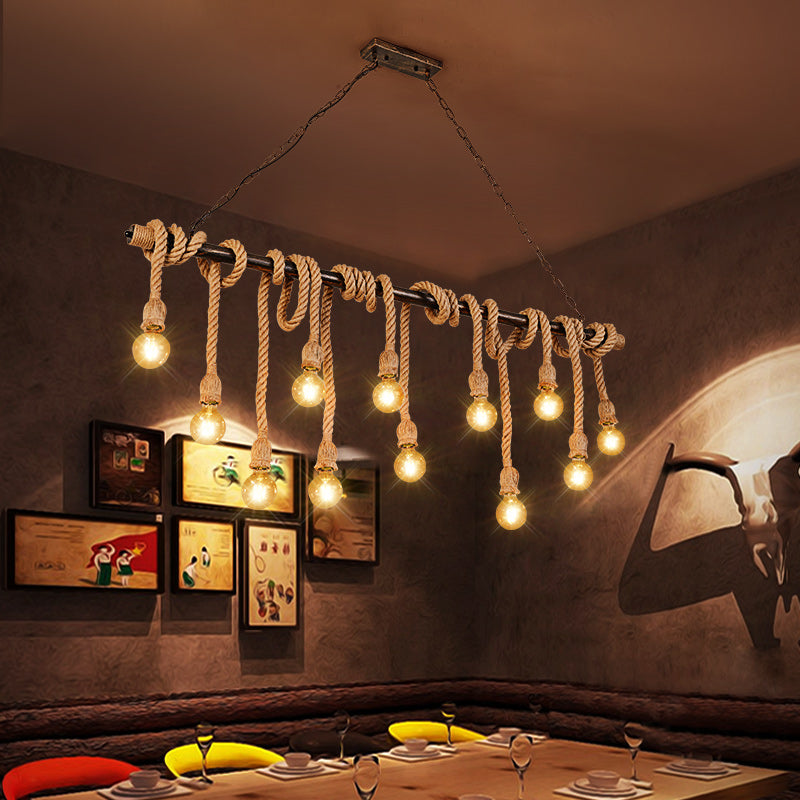 Exposed Bulb Pendant Lighting Farmhouse Wood Hemp Rope Island Light for Restaurant Clearhalo 'Ceiling Lights' 'Island Lights' Lighting' 2461282