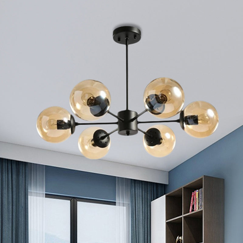 Amber/Blue/Clear Glass Spherical Chandelier Light Post Modern 6/8/10 Lights Black Pendant Lamp for Bedroom Clearhalo 'Ceiling Lights' 'Chandeliers' 'Clear' 'Glass shade' 'Glass' 'Industrial' 'Modern Chandeliers' 'Modern' 'Tiffany' 'Traditional Chandeliers' Lighting' 246136