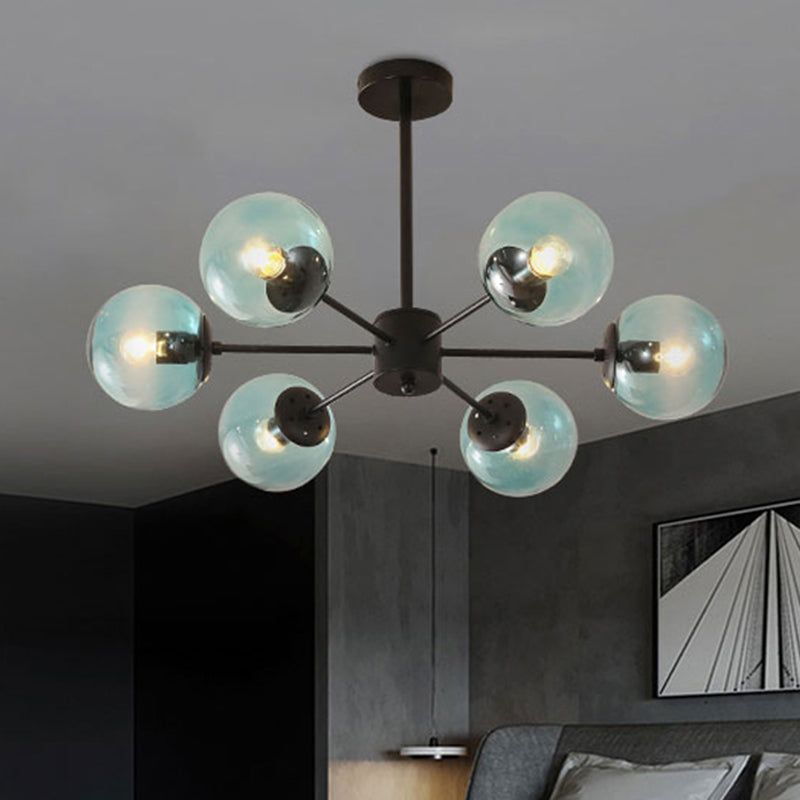 Amber/Blue/Clear Glass Spherical Chandelier Light Post Modern 6/8/10 Lights Black Pendant Lamp for Bedroom Clearhalo 'Ceiling Lights' 'Chandeliers' 'Clear' 'Glass shade' 'Glass' 'Industrial' 'Modern Chandeliers' 'Modern' 'Tiffany' 'Traditional Chandeliers' Lighting' 246140
