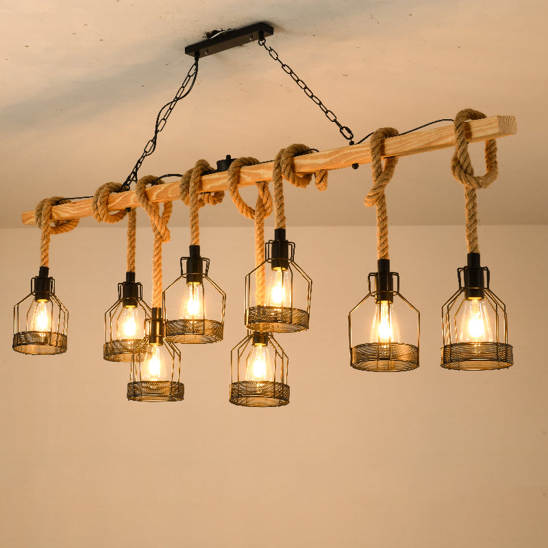 Wood Hanging Island Light Farmhouse Metal Bottle Shaped Cage Pendant Lamp for Restaurant Clearhalo 'Ceiling Lights' 'Island Lights' Lighting' 2461419