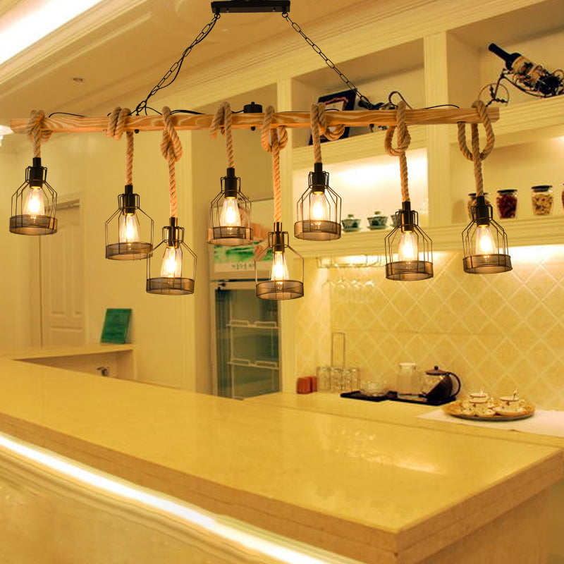 Wood Hanging Island Light Farmhouse Metal Bottle Shaped Cage Pendant Lamp for Restaurant 8 Wood Clearhalo 'Ceiling Lights' 'Island Lights' Lighting' 2461420