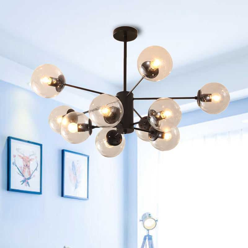 Amber/Blue/Clear Glass Spherical Chandelier Light Post Modern 6/8/10 Lights Black Pendant Lamp for Bedroom Clearhalo 'Ceiling Lights' 'Chandeliers' 'Clear' 'Glass shade' 'Glass' 'Industrial' 'Modern Chandeliers' 'Modern' 'Tiffany' 'Traditional Chandeliers' Lighting' 246150