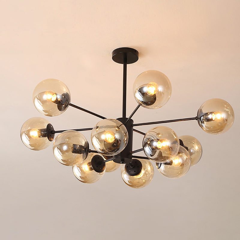 Amber/Blue/Clear Glass Spherical Chandelier Light Post Modern 6/8/10 Lights Black Pendant Lamp for Bedroom 12 Amber Clearhalo 'Ceiling Lights' 'Chandeliers' 'Clear' 'Glass shade' 'Glass' 'Industrial' 'Modern Chandeliers' 'Modern' 'Tiffany' 'Traditional Chandeliers' Lighting' 246158