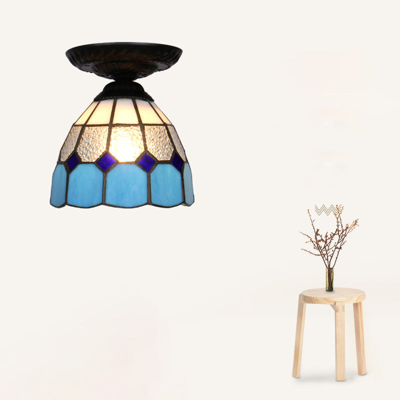 Single Flower Ceiling Mounted Light Vintage Handcrafted Stained Glass Flushmount Lighting for Aisle Black Blue Clearhalo 'Ceiling Lights' 'Close To Ceiling Lights' 'Close to ceiling' 'Flush mount' Lighting' 2461695