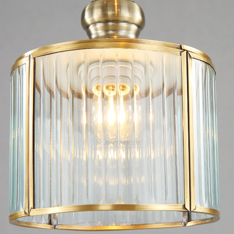 Brass Finish Cylinder Multiple Lamp Pendant Postmodern Ribbed Glass Hanging Light Fixture for Stairway Clearhalo 'Ceiling Lights' 'Modern Pendants' 'Modern' 'Pendant Lights' 'Pendants' Lighting' 2461949