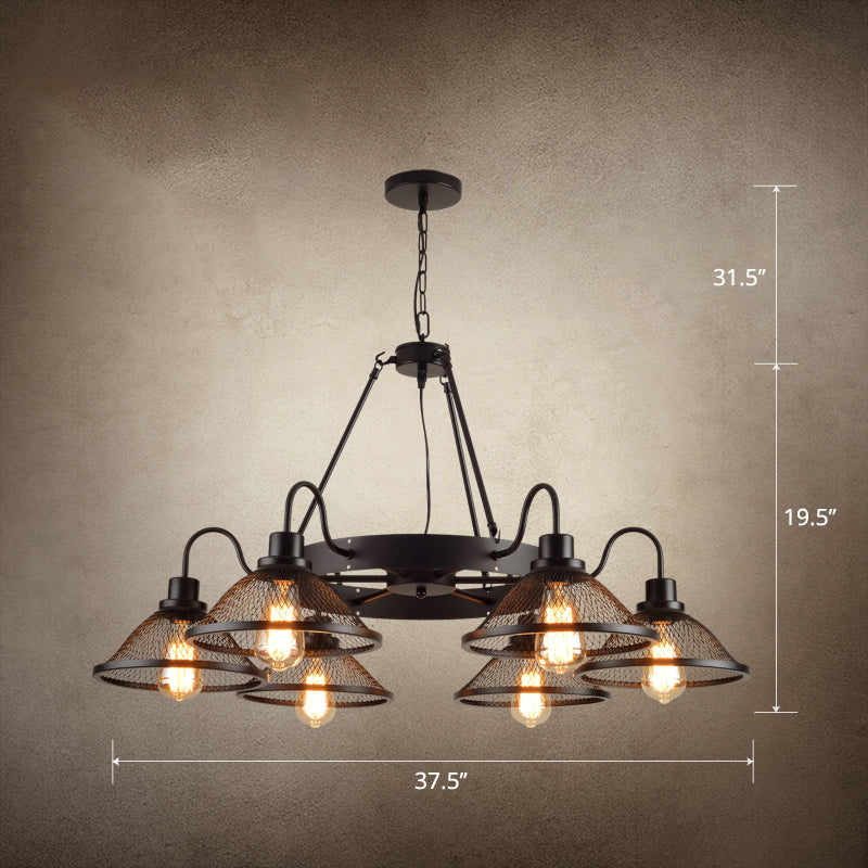 Conical Mesh Shade Chandelier Industrial Black Metallic Suspended Lighting Fixture for Restaurant Clearhalo 'Cast Iron' 'Ceiling Lights' 'Chandeliers' 'Industrial Chandeliers' 'Industrial' 'Metal' 'Middle Century Chandeliers' 'Rustic Chandeliers' 'Tiffany' Lighting' 2461992