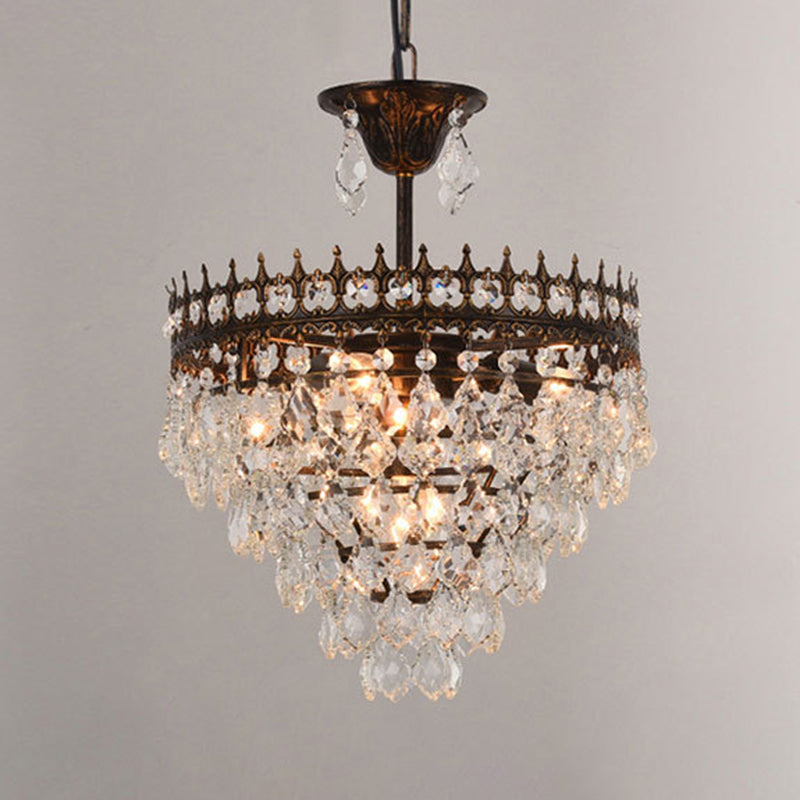 Vintage Crown Shaped Pendant Lighting Fixture Single-Bulb Metal Ceiling Light with Tapered Crystal Drops Black 14" Clearhalo 'Ceiling Lights' 'Modern Pendants' 'Modern' 'Pendant Lights' 'Pendants' Lighting' 2462043
