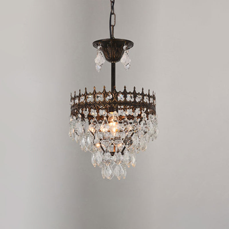 Vintage Crown Shaped Pendant Lighting Fixture Single-Bulb Metal Ceiling Light with Tapered Crystal Drops Black 10" Clearhalo 'Ceiling Lights' 'Modern Pendants' 'Modern' 'Pendant Lights' 'Pendants' Lighting' 2462046
