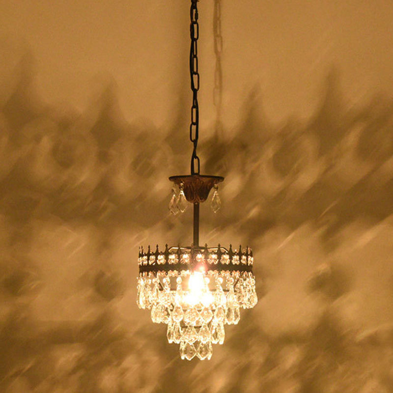 Vintage Crown Shaped Pendant Lighting Fixture Single-Bulb Metal Ceiling Light with Tapered Crystal Drops Clearhalo 'Ceiling Lights' 'Modern Pendants' 'Modern' 'Pendant Lights' 'Pendants' Lighting' 2462051