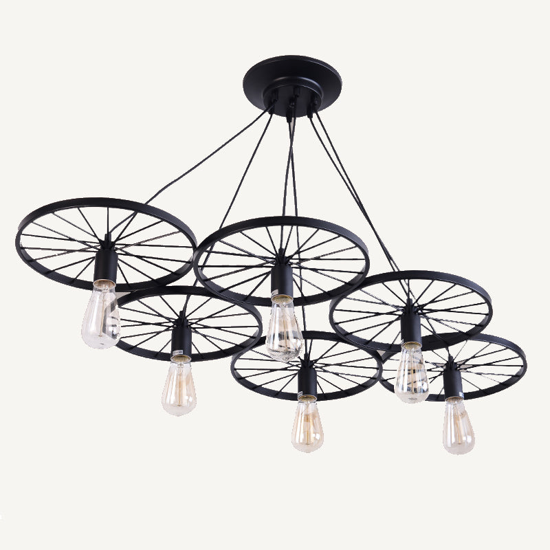 Black Wheel Chandelier Lighting Industrial Metal Living Room Hanging Light Fixture Clearhalo 'Cast Iron' 'Ceiling Lights' 'Chandeliers' 'Industrial Chandeliers' 'Industrial' 'Metal' 'Middle Century Chandeliers' 'Rustic Chandeliers' 'Tiffany' Lighting' 2462059