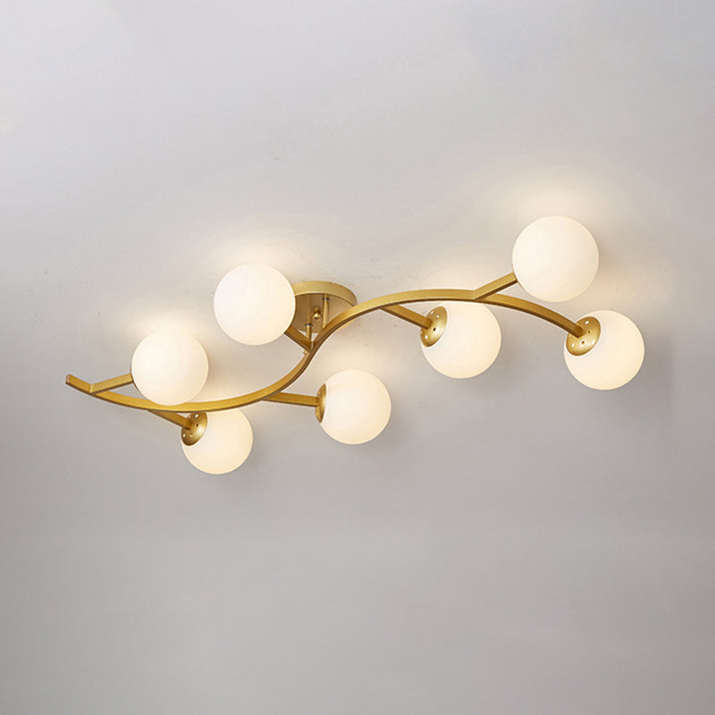 Branch Semi Flush Mount Lighting Postmodern Ball Glass Ceiling Light for Living Room 7 Gold Milk White Clearhalo 'Ceiling Lights' 'Close To Ceiling Lights' 'Close to ceiling' 'Glass shade' 'Glass' 'Semi-flushmount' Lighting' 2462088