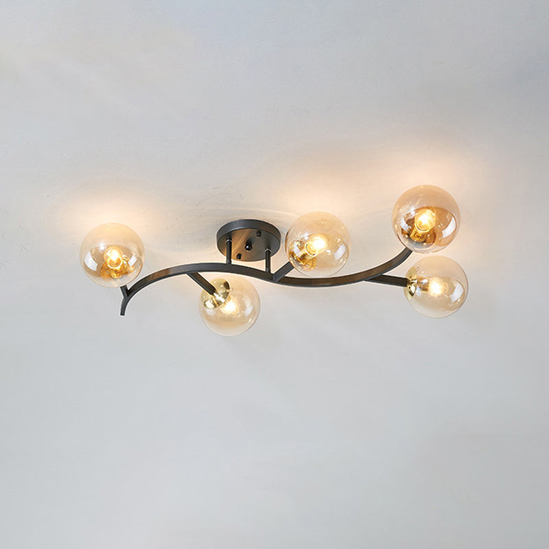 Branch Semi Flush Mount Lighting Postmodern Ball Glass Ceiling Light for Living Room 5 Black Cognac Clearhalo 'Ceiling Lights' 'Close To Ceiling Lights' 'Close to ceiling' 'Glass shade' 'Glass' 'Semi-flushmount' Lighting' 2462092
