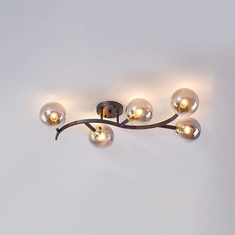 Branch Semi Flush Mount Lighting Postmodern Ball Glass Ceiling Light for Living Room 5 Black Smoke Grey Clearhalo 'Ceiling Lights' 'Close To Ceiling Lights' 'Close to ceiling' 'Glass shade' 'Glass' 'Semi-flushmount' Lighting' 2462095