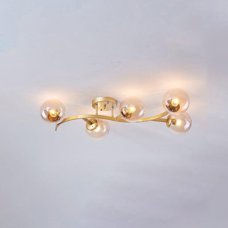 Branch Semi Flush Mount Lighting Postmodern Ball Glass Ceiling Light for Living Room 5 Gold Cognac Clearhalo 'Ceiling Lights' 'Close To Ceiling Lights' 'Close to ceiling' 'Glass shade' 'Glass' 'Semi-flushmount' Lighting' 2462106