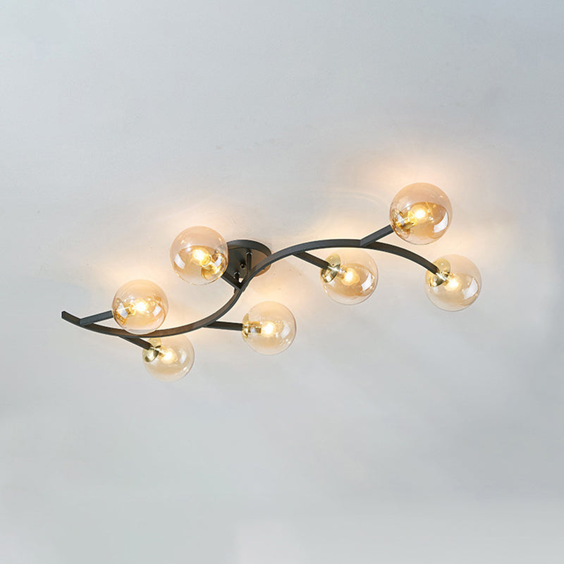 Branch Semi Flush Mount Lighting Postmodern Ball Glass Ceiling Light for Living Room 7 Black Cognac Clearhalo 'Ceiling Lights' 'Close To Ceiling Lights' 'Close to ceiling' 'Glass shade' 'Glass' 'Semi-flushmount' Lighting' 2462108