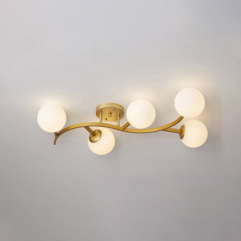 Branch Semi Flush Mount Lighting Postmodern Ball Glass Ceiling Light for Living Room 5 Gold Milk White Clearhalo 'Ceiling Lights' 'Close To Ceiling Lights' 'Close to ceiling' 'Glass shade' 'Glass' 'Semi-flushmount' Lighting' 2462114