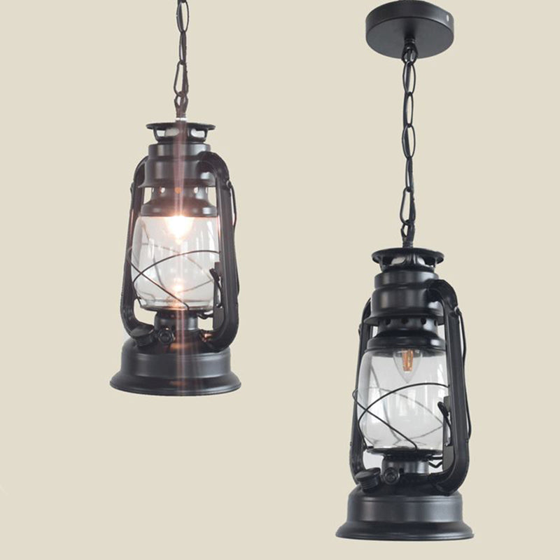 Nautical Kerosene Lantern Pendant Light Single-Bulb Clear Glass Hanging Lamp for Corridor Black Novelty Clearhalo 'Art Deco Pendants' 'Black' 'Cast Iron' 'Ceiling Lights' 'Ceramic' 'Crystal' 'Industrial Pendants' 'Industrial' 'Metal' 'Middle Century Pendants' 'Pendant Lights' 'Pendants' 'Rustic Pendants' 'Tiffany' Lighting' 2462242