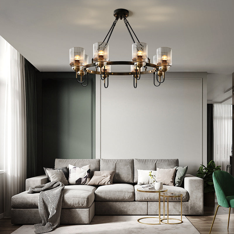 Cylindrical Ribbed Glass Up Chandelier Vintage Dining Room Suspension Lamp in Black 8 Black Clearhalo 'Ceiling Lights' 'Chandeliers' 'Close To Ceiling Lights' 'Glass shade' 'Glass' 'Industrial Chandeliers' 'Industrial' 'Middle Century Chandeliers' 'Tiffany' Lighting' 2462277