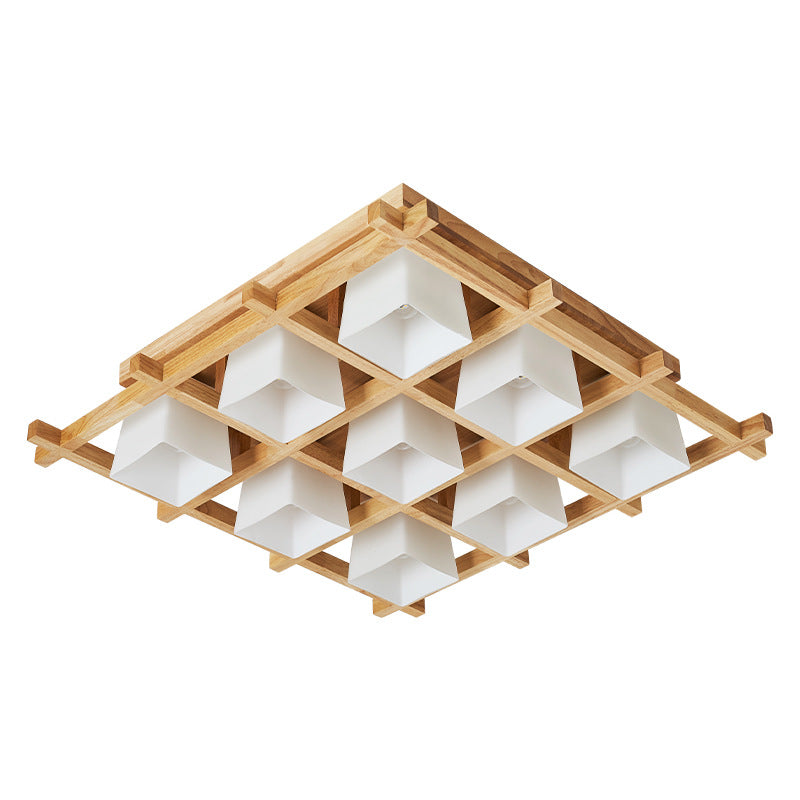 Checkered Wooden Ceiling Lighting Modernism Beige Flushmount Light with Opal Glass Shade Clearhalo 'Ceiling Lights' 'Close To Ceiling Lights' 'Close to ceiling' 'Flush mount' Lighting' 2462293