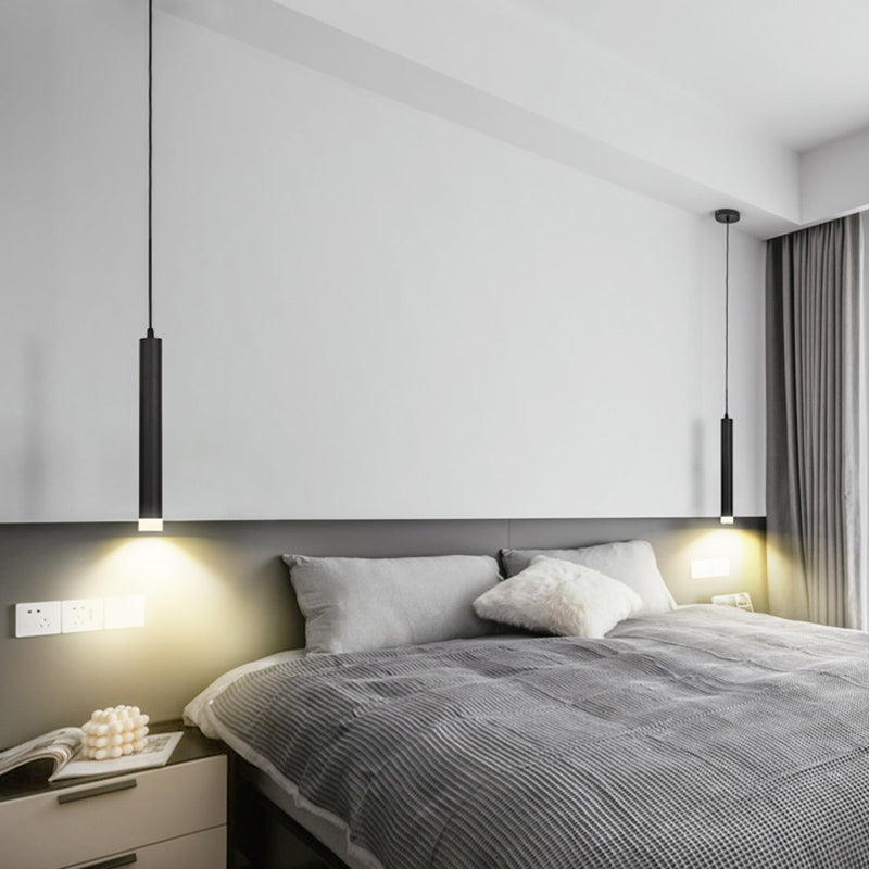 Simplicity Tube LED Hanging Lamp Metal Bedside Suspension Pendant Light in Black Black Long Column Clearhalo 'Ceiling Lights' 'Modern Pendants' 'Modern' 'Pendant Lights' 'Pendants' Lighting' 2462353