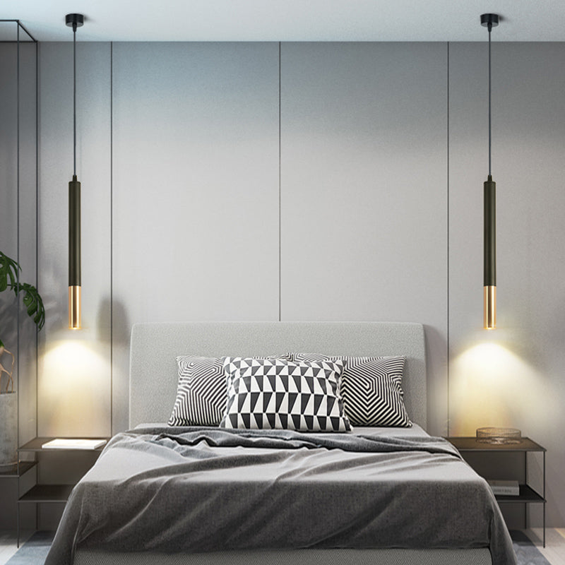 Simplicity Tube LED Hanging Lamp Metal Bedside Suspension Pendant Light in Black Black Round Clearhalo 'Ceiling Lights' 'Modern Pendants' 'Modern' 'Pendant Lights' 'Pendants' Lighting' 2462362