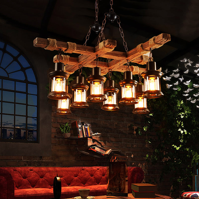 Clear Glass Lantern Suspension Lamp Nautical Living Room Ceiling Chandelier in Wood Clearhalo 'Carpenter Chandeliers' 'Ceiling Lights' 'Chandeliers' 'Industrial Chandeliers' 'Industrial' 'Middle Century Chandeliers' 'Modern' 'Tiffany' Lighting' 2462388