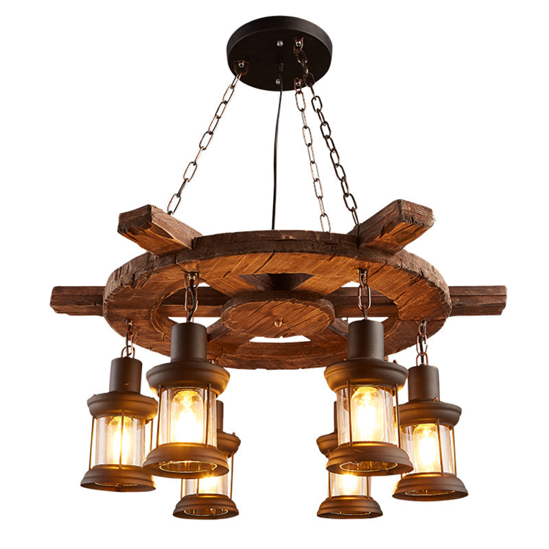 Clear Glass Lantern Suspension Lamp Nautical Living Room Ceiling Chandelier in Wood Clearhalo 'Carpenter Chandeliers' 'Ceiling Lights' 'Chandeliers' 'Industrial Chandeliers' 'Industrial' 'Middle Century Chandeliers' 'Modern' 'Tiffany' Lighting' 2462390
