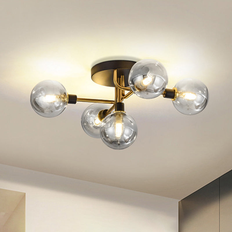 5 Lights Dining Room Ceiling Lamp Postmodern Style Semi Flush Light with Ball Glass Shade Clearhalo 'Ceiling Lights' 'Close To Ceiling Lights' 'Close to ceiling' 'Glass shade' 'Glass' 'Pendant Lights' 'Semi-flushmount' Lighting' 2462411
