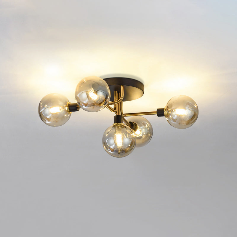 5 Lights Dining Room Ceiling Lamp Postmodern Style Semi Flush Light with Ball Glass Shade Gold Cognac Clearhalo 'Ceiling Lights' 'Close To Ceiling Lights' 'Close to ceiling' 'Glass shade' 'Glass' 'Pendant Lights' 'Semi-flushmount' Lighting' 2462414