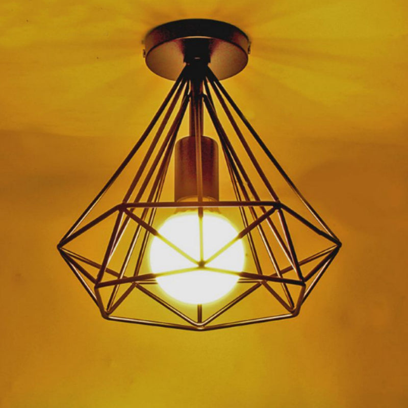 Iron Wire Diamond Ceiling Flush Light Vintage 1-Light Passageway Flush Mount Lamp in Black Clearhalo 'Ceiling Lights' 'Close To Ceiling Lights' 'Close to ceiling' 'Flush mount' 'Industrial Flush Mount' Lighting' 2462720