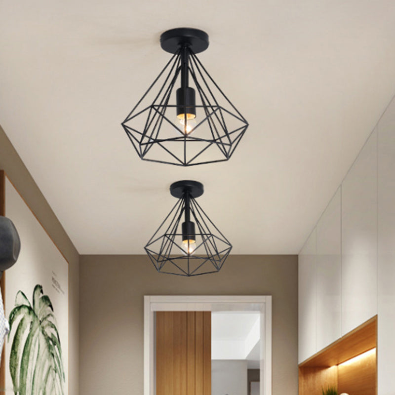 Iron Wire Diamond Ceiling Flush Light Vintage 1-Light Passageway Flush Mount Lamp in Black Clearhalo 'Ceiling Lights' 'Close To Ceiling Lights' 'Close to ceiling' 'Flush mount' 'Industrial Flush Mount' Lighting' 2462722