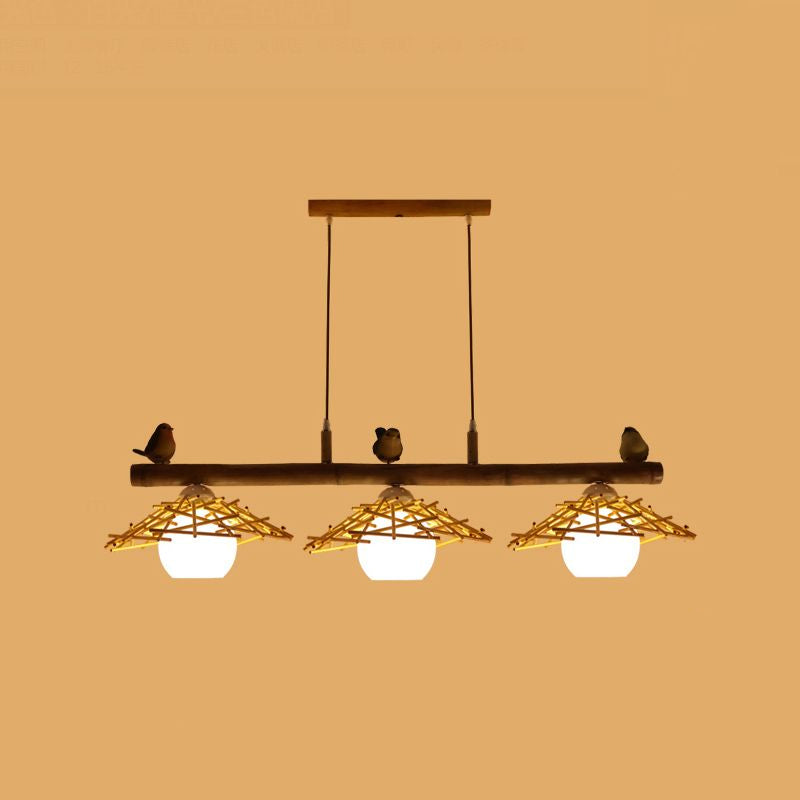 Cottage Conical Island Light Bamboo Pendant Lighting in Wood with Dome White Glass Shade 3 Wood Clearhalo 'Ceiling Lights' 'Island Lights' Lighting' 2462725