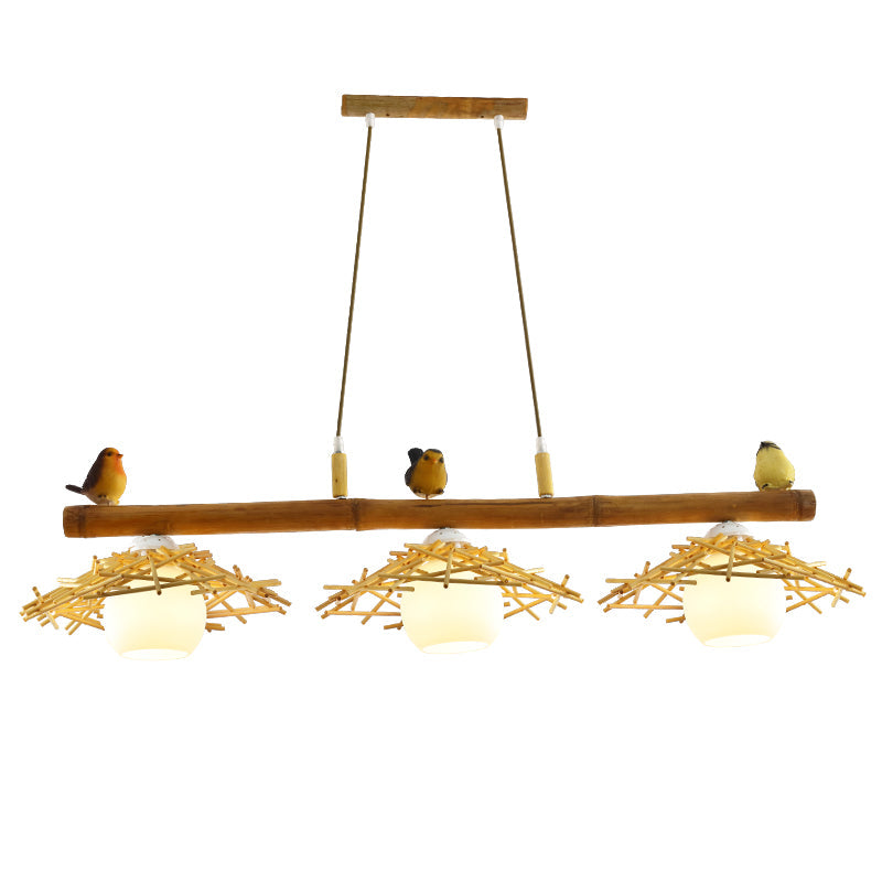 Cottage Conical Island Light Bamboo Pendant Lighting in Wood with Dome White Glass Shade Clearhalo 'Ceiling Lights' 'Island Lights' Lighting' 2462729