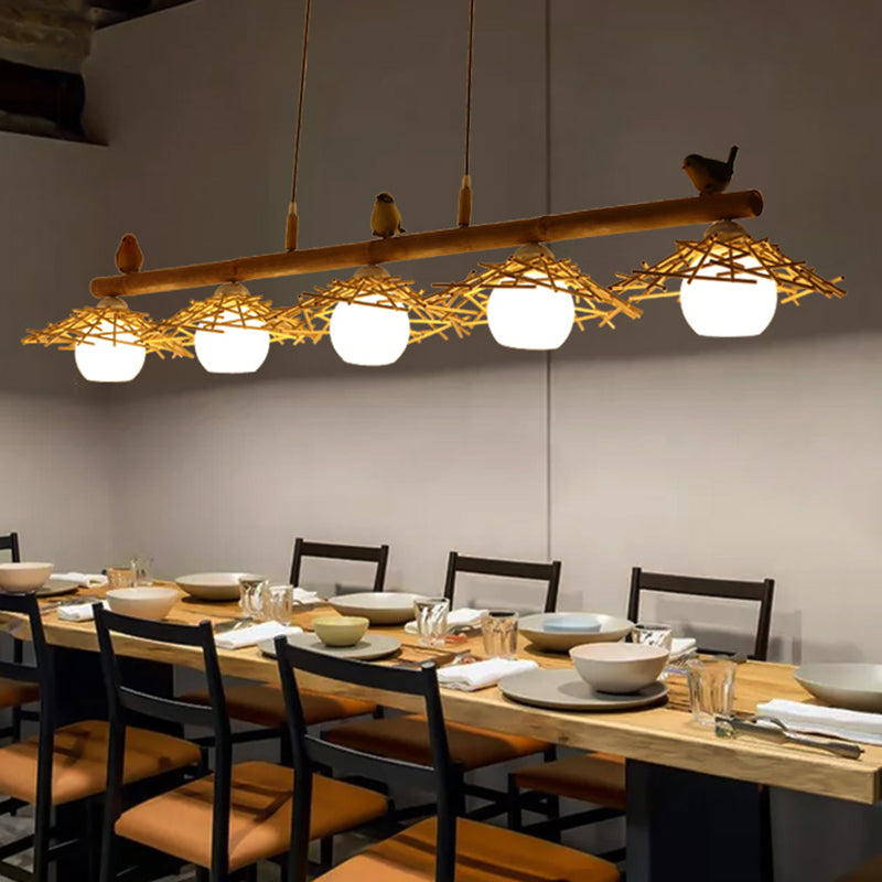 Cottage Conical Island Light Bamboo Pendant Lighting in Wood with Dome White Glass Shade Clearhalo 'Ceiling Lights' 'Island Lights' Lighting' 2462730