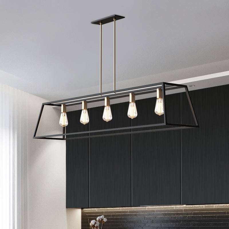 5 Bulbs Metal Island Light Fixture Industrial Black Trapezoid Dining Room Ceiling Suspension Lamp Clearhalo 'Ceiling Lights' 'Island Lights' Lighting' 2462848