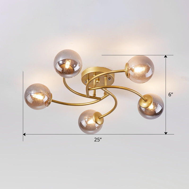 Swirled Metal Semi Flush Light Post-Modern Close to Ceiling Light with Ball Glass Shade Clearhalo 'Ceiling Lights' 'Close To Ceiling Lights' 'Close to ceiling' 'Semi-flushmount' Lighting' 2463108