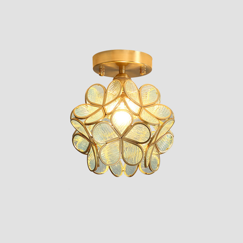 Tiffany Floral Semi Mount Lighting 1-Light Glass Ceiling Flush Light in Brass for Hallway Blue Clearhalo 'Ceiling Lights' 'Close To Ceiling Lights' 'Close to ceiling' 'Pendant Lights' 'Semi-flushmount' 'Tiffany close to ceiling' 'Tiffany' Lighting' 2463210