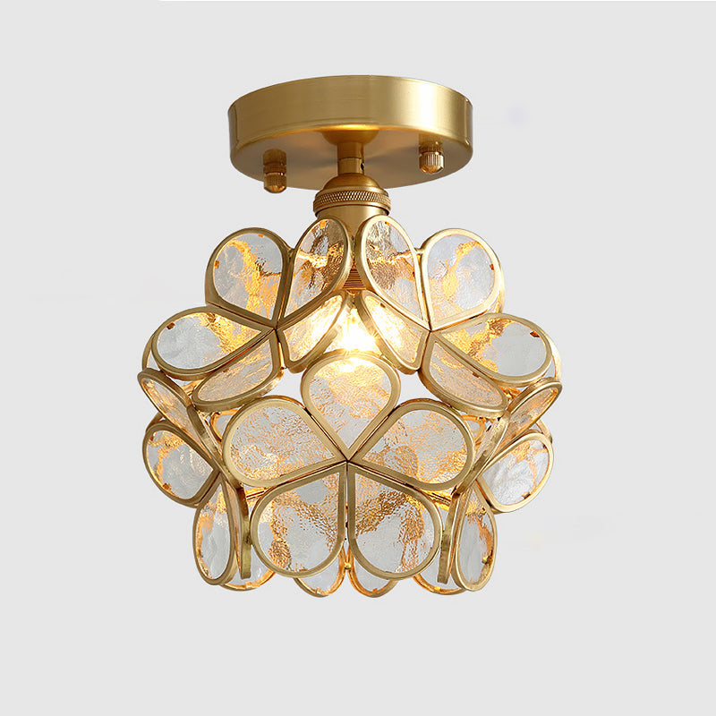 Tiffany Floral Semi Mount Lighting 1-Light Glass Ceiling Flush Light in Brass for Hallway Clearhalo 'Ceiling Lights' 'Close To Ceiling Lights' 'Close to ceiling' 'Pendant Lights' 'Semi-flushmount' 'Tiffany close to ceiling' 'Tiffany' Lighting' 2463211