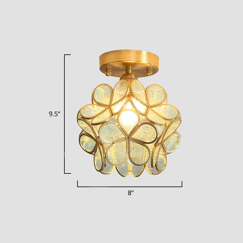 Tiffany Floral Semi Mount Lighting 1-Light Glass Ceiling Flush Light in Brass for Hallway Clearhalo 'Ceiling Lights' 'Close To Ceiling Lights' 'Close to ceiling' 'Pendant Lights' 'Semi-flushmount' 'Tiffany close to ceiling' 'Tiffany' Lighting' 2463220