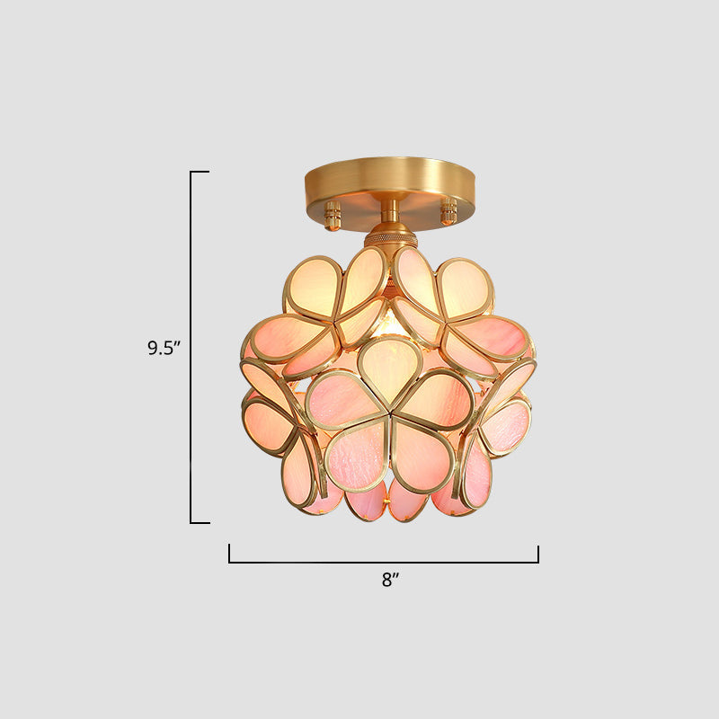 Tiffany Floral Semi Mount Lighting 1-Light Glass Ceiling Flush Light in Brass for Hallway Clearhalo 'Ceiling Lights' 'Close To Ceiling Lights' 'Close to ceiling' 'Pendant Lights' 'Semi-flushmount' 'Tiffany close to ceiling' 'Tiffany' Lighting' 2463224