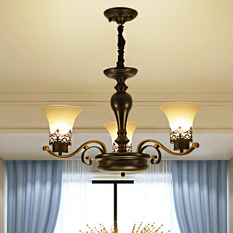 Bell Frosted Glass Chandelier Light Traditional 3/6/8 Light Living Room Pendant Lighting in Black Clearhalo 'Ceiling Lights' 'Chandeliers' 'Glass shade' 'Glass' Lighting' 246412
