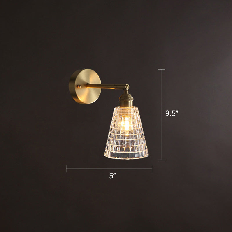 Tapered Adjustable Sconce Lighting Postmodern Textured Glass 1 Head Gold Wall Lamp for Bedroom Clearhalo 'Art deco wall lights' 'Cast Iron' 'Glass' 'Industrial wall lights' 'Industrial' 'Middle century wall lights' 'Modern' 'Rustic wall lights' 'Tiffany' 'Traditional wall lights' 'Wall Lamps & Sconces' 'Wall Lights' Lighting' 2465149