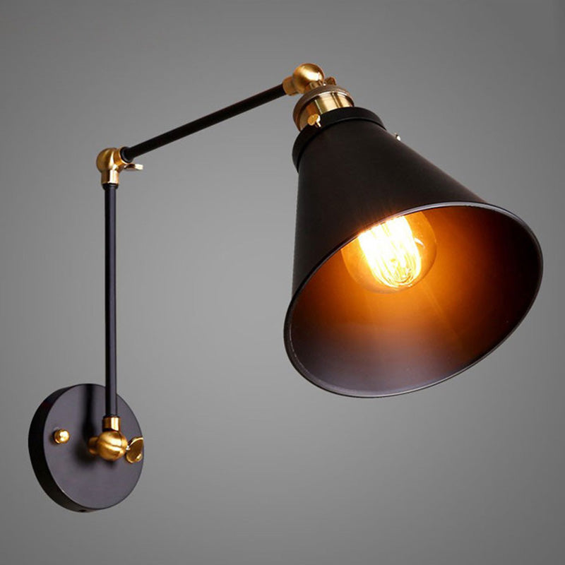 Vintage Conical Reading Wall Lamp 1 Head Metal Sconce Light with Flexible Swing Arm Black Clearhalo 'Art deco wall lights' 'Cast Iron' 'Glass' 'Industrial wall lights' 'Industrial' 'Middle century wall lights' 'Modern' 'Rustic wall lights' 'Tiffany' 'Traditional wall lights' 'Wall Lamps & Sconces' 'Wall Lights' Lighting' 2465429