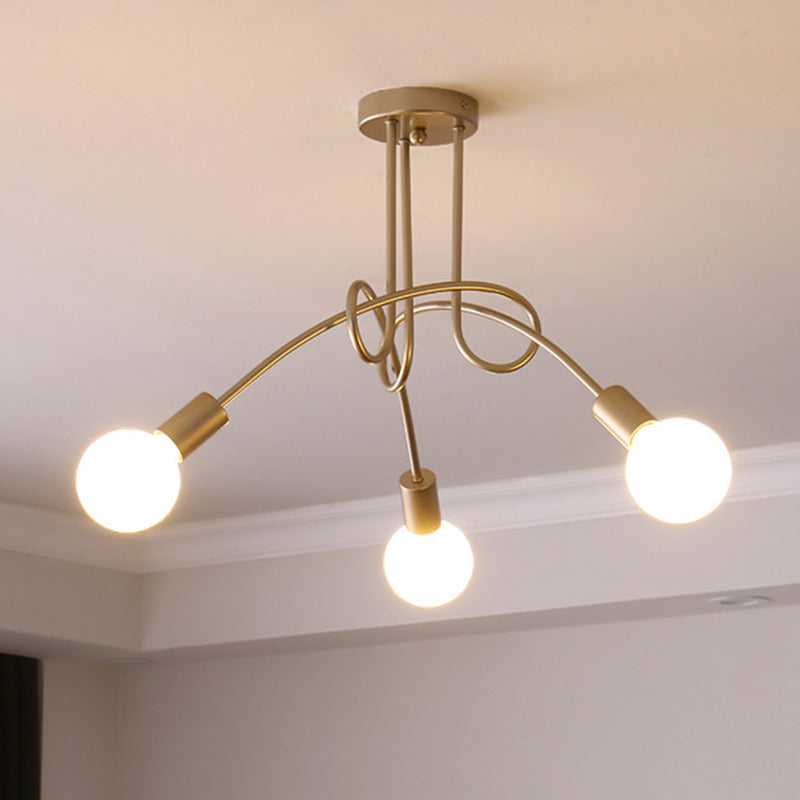 Twist Metal Flush Chandelier Loft Style Bedroom Semi Flush Ceiling Light with Open Bulb Design 3 Gold Clearhalo 'Ceiling Lights' 'Close To Ceiling Lights' 'Close to ceiling' 'Semi-flushmount' Lighting' 2465630