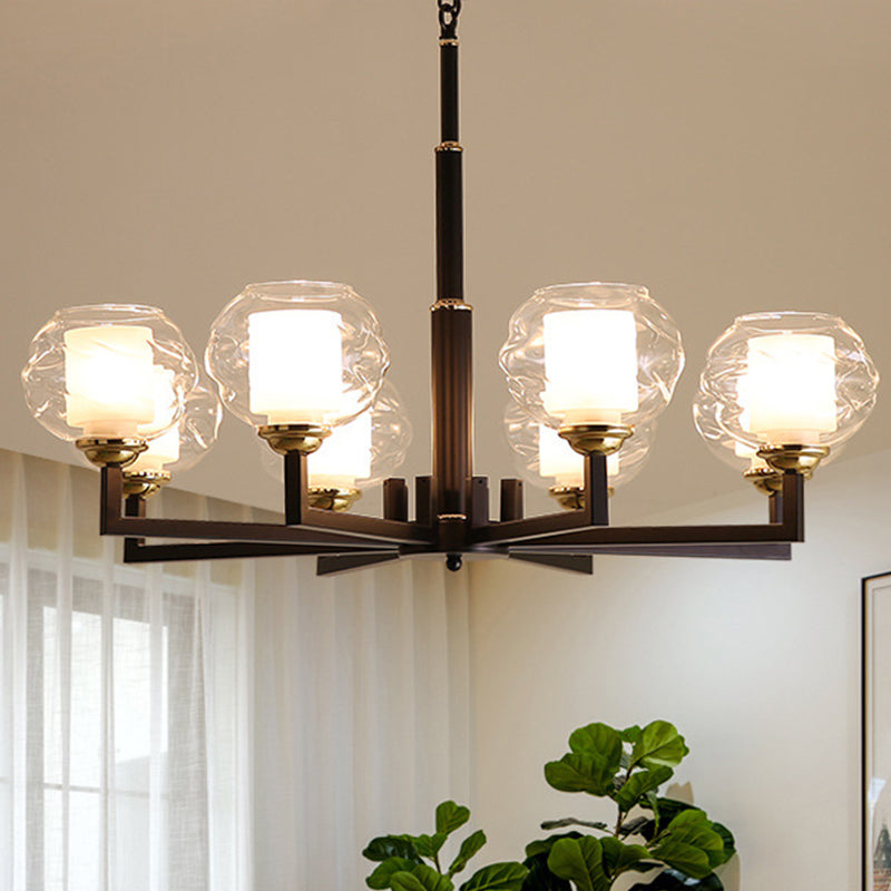 3/6/8 Bulbs Ceiling Lamp Globe Clear Textured Glass Traditional Living Room Chandelier Pendant Light in Black 8 Black Clearhalo 'Ceiling Lights' 'Chandeliers' 'Glass shade' 'Glass' Lighting' 246576