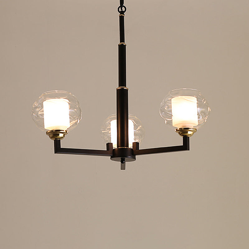 3/6/8 Bulbs Ceiling Lamp Globe Clear Textured Glass Traditional Living Room Chandelier Pendant Light in Black 3 Black Clearhalo 'Ceiling Lights' 'Chandeliers' 'Glass shade' 'Glass' Lighting' 246578