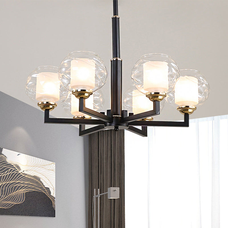 3/6/8 Bulbs Ceiling Lamp Globe Clear Textured Glass Traditional Living Room Chandelier Pendant Light in Black 6 Black Clearhalo 'Ceiling Lights' 'Chandeliers' 'Glass shade' 'Glass' Lighting' 246580